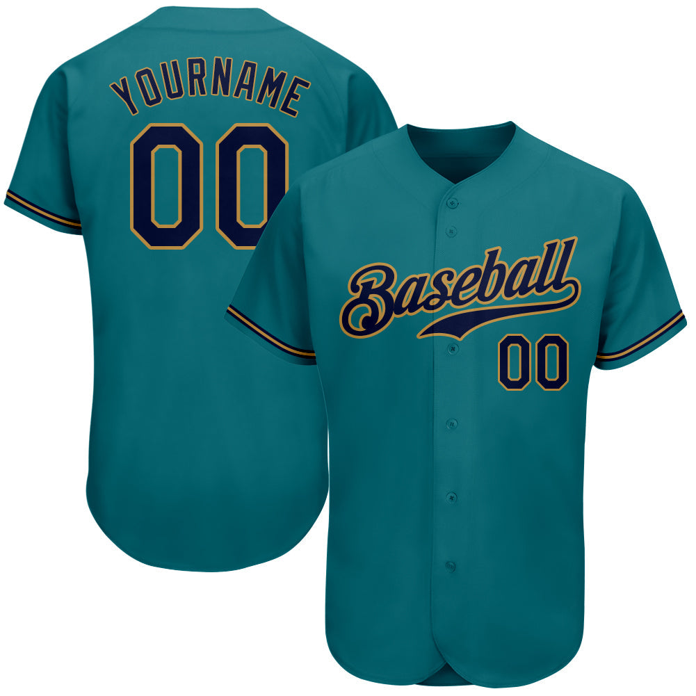 Custom Teal Navy-Old Gold Authentic Baseball Jersey - Main View