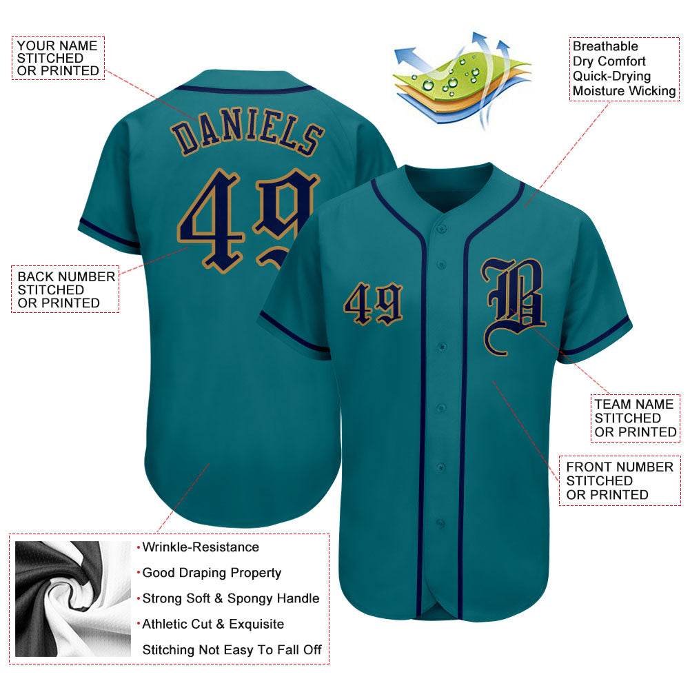 Custom Teal Navy-Old Gold Authentic Baseball Jersey view 3