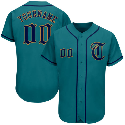 Custom Teal Navy-Old Gold Authentic Baseball Jersey - Main View