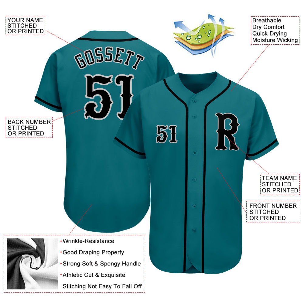 Custom Teal Black-Gray Authentic Baseball Jersey view 3