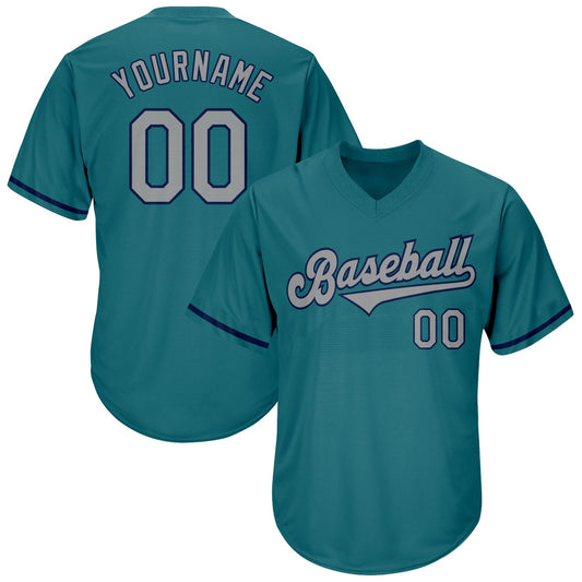 Custom Aqua Gray-Navy Authentic Throwback Rib-Knit Baseball Jersey Shirt - Main View