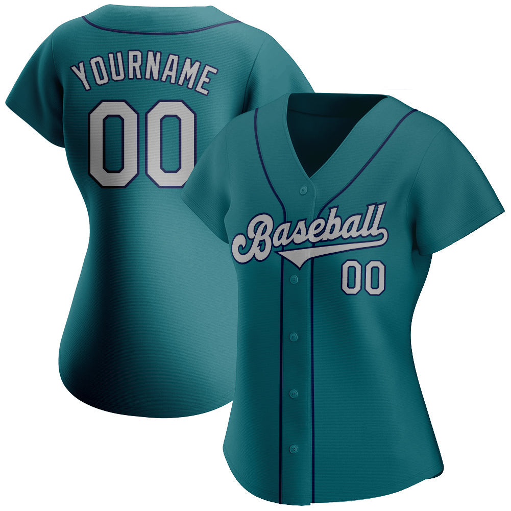 Custom Teal Gray-Navy Authentic Baseball Jersey view 2