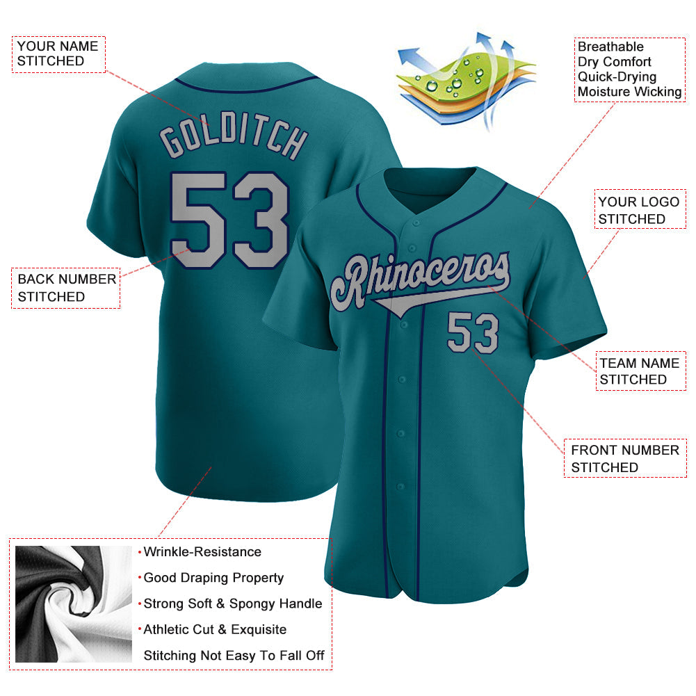 Custom Teal Gray-Navy Authentic Baseball Jersey view 3