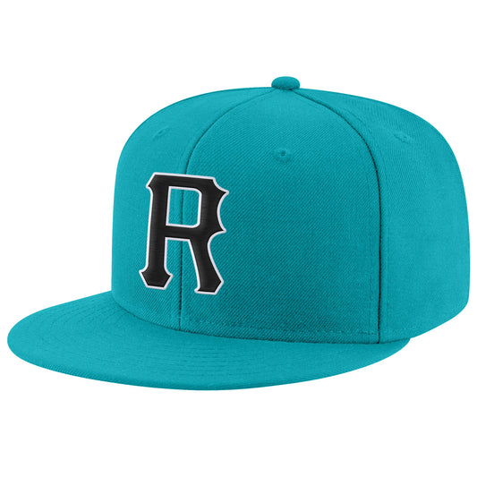 Custom Aqua Black-White Stitched Adjustable Snapback Hat - Main View