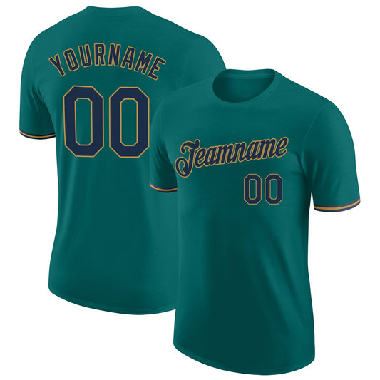 Custom Aqua Navy-Old Gold Performance T-Shirt - Main View