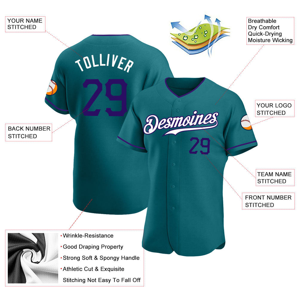 Custom Teal Purple-White Authentic Baseball Jersey view 3