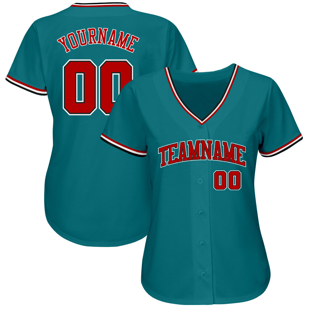 Custom Teal Red-Black Authentic Baseball Jersey view 2