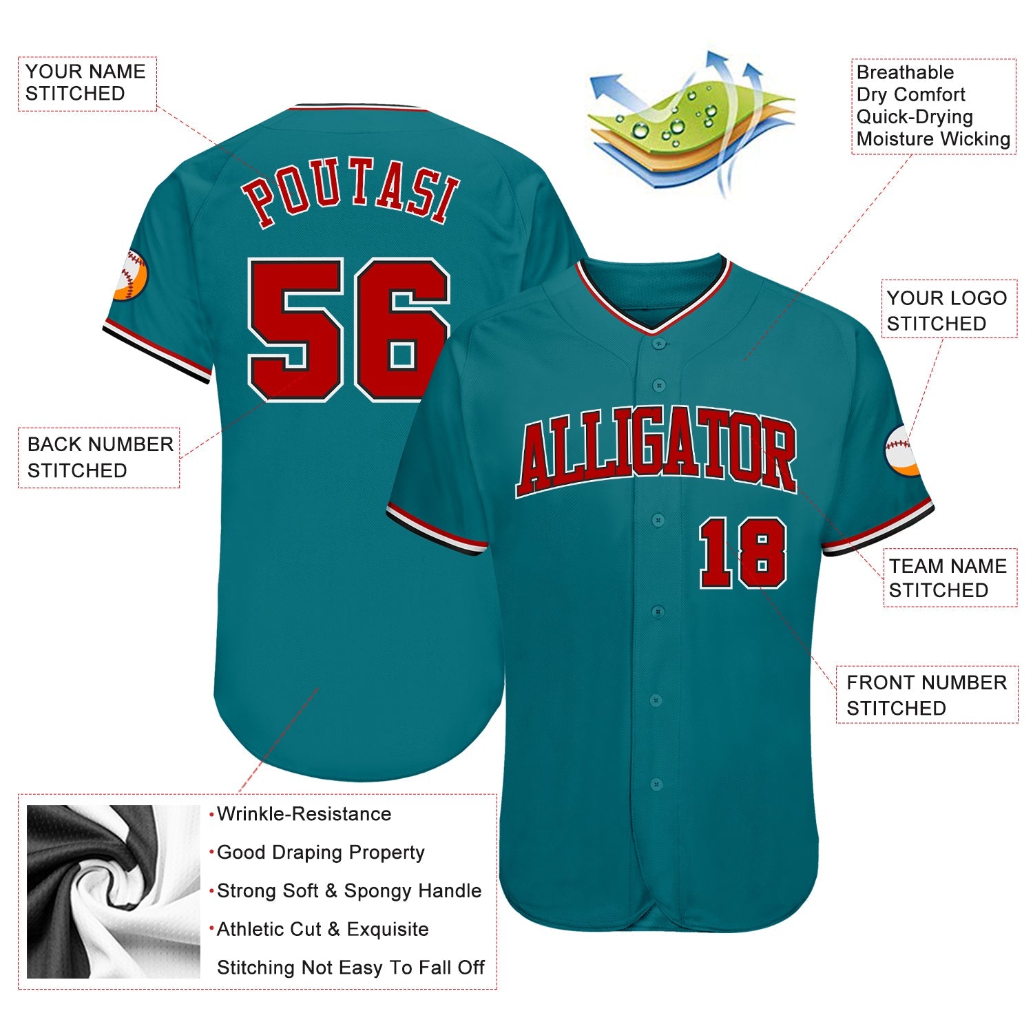 Custom Teal Red-Black Authentic Baseball Jersey view 3