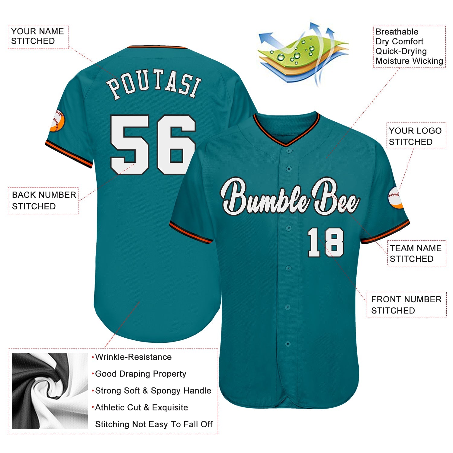 Custom Teal White-Orange Authentic Baseball Jersey view 3