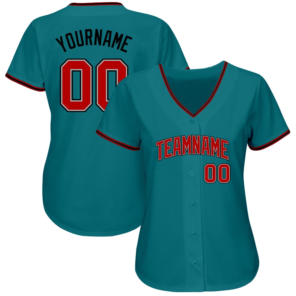 Custom Teal Red-Black Authentic Baseball Jersey view 2