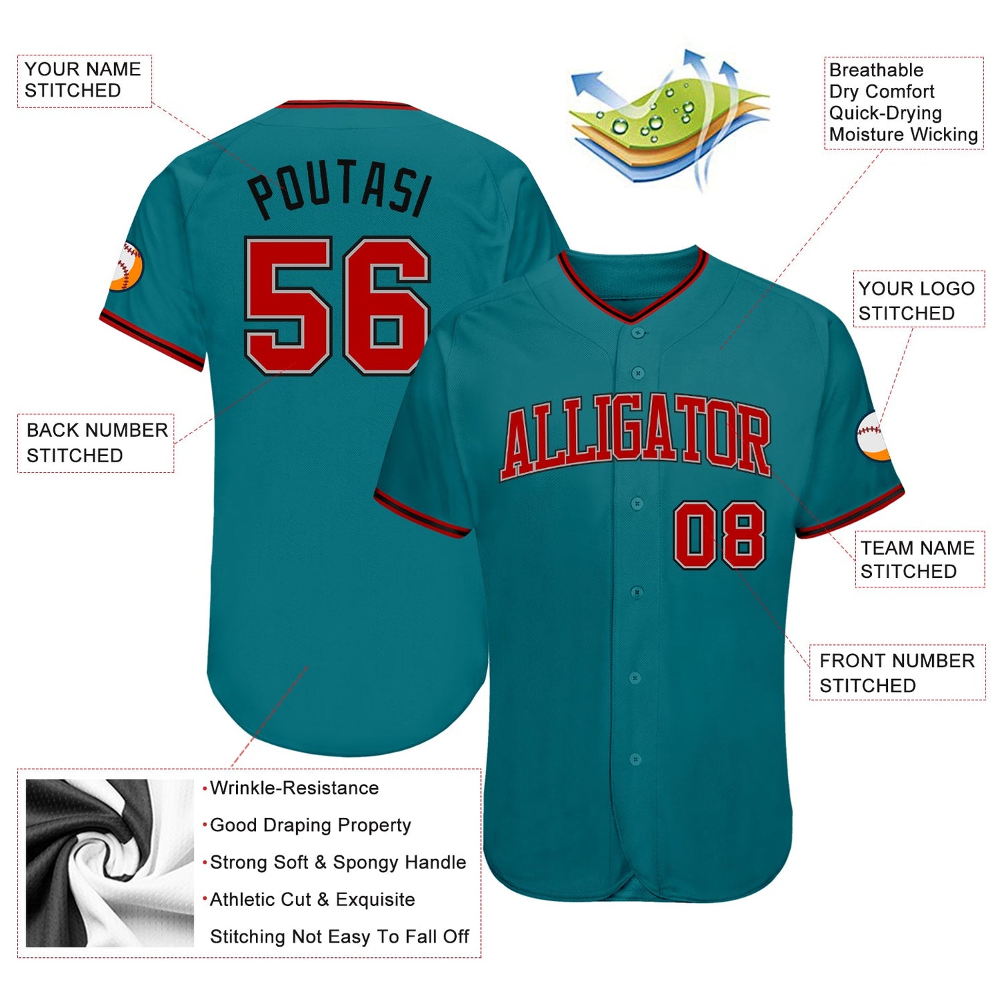 Custom Teal Red-Black Authentic Baseball Jersey view 3