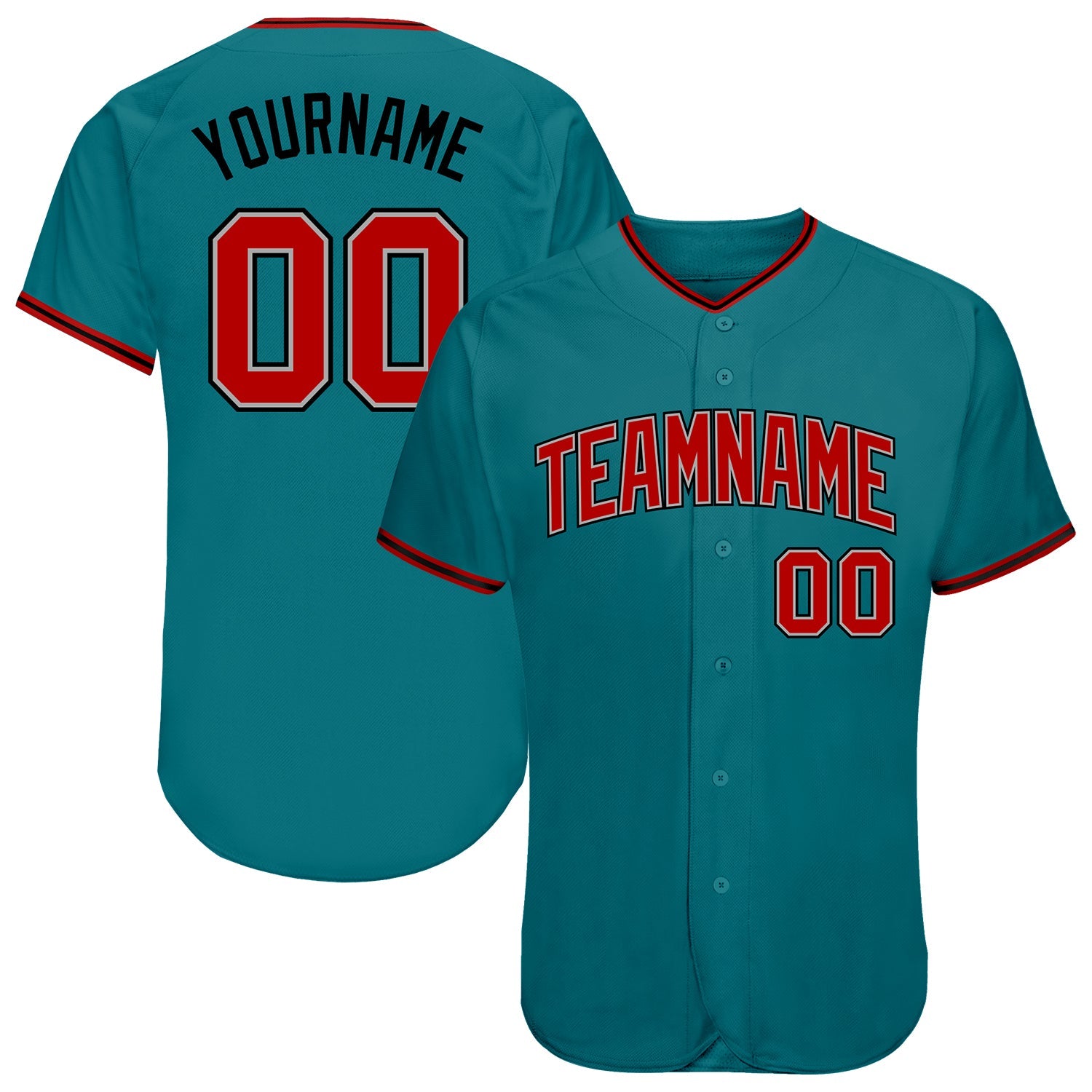 Custom Teal Red-Black Authentic Baseball Jersey - Main View