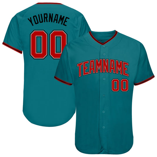 Custom Teal Red-Black Authentic Baseball Jersey - Main View