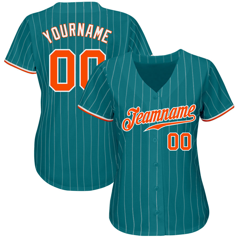 Custom Teal White Pinstripe Orange-White Authentic Baseball Jersey view 2