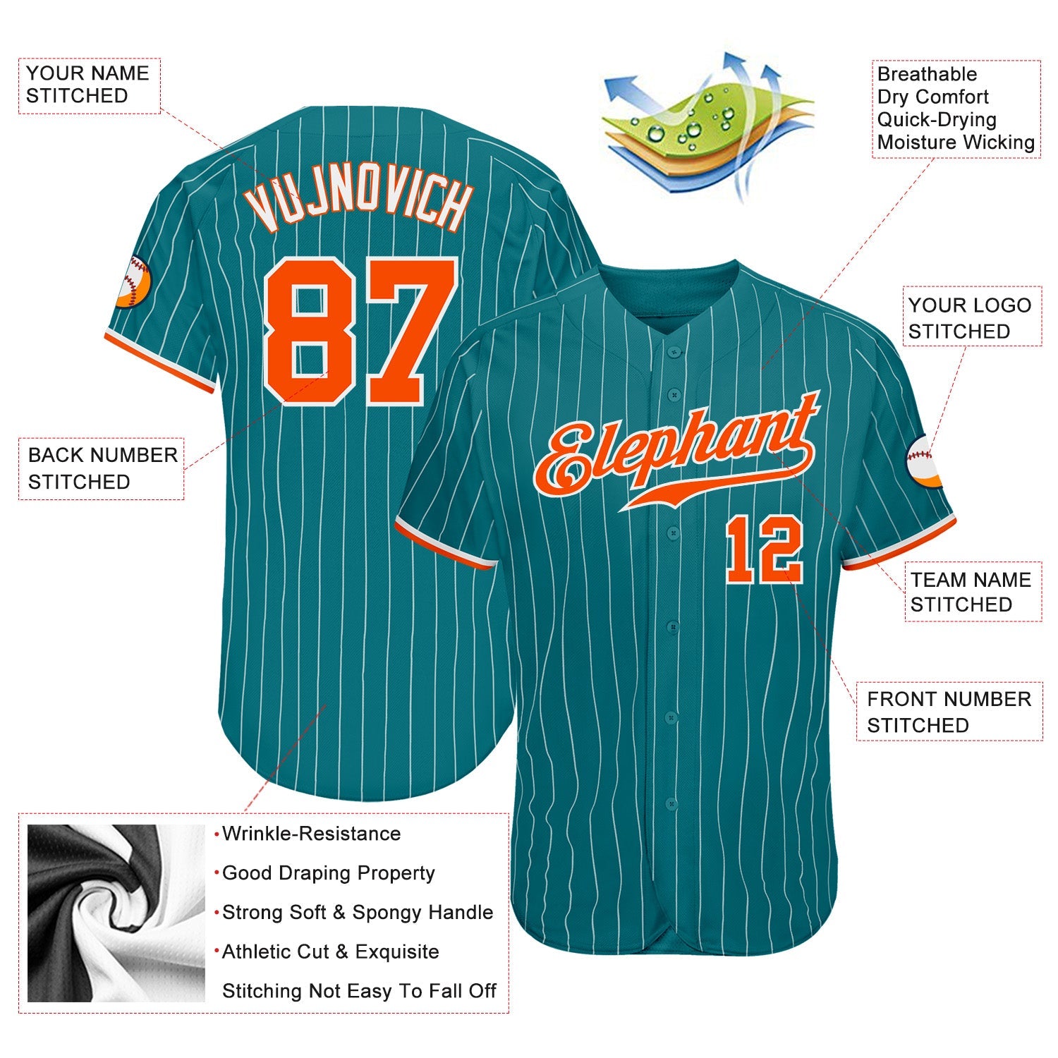 Custom Teal White Pinstripe Orange-White Authentic Baseball Jersey view 3