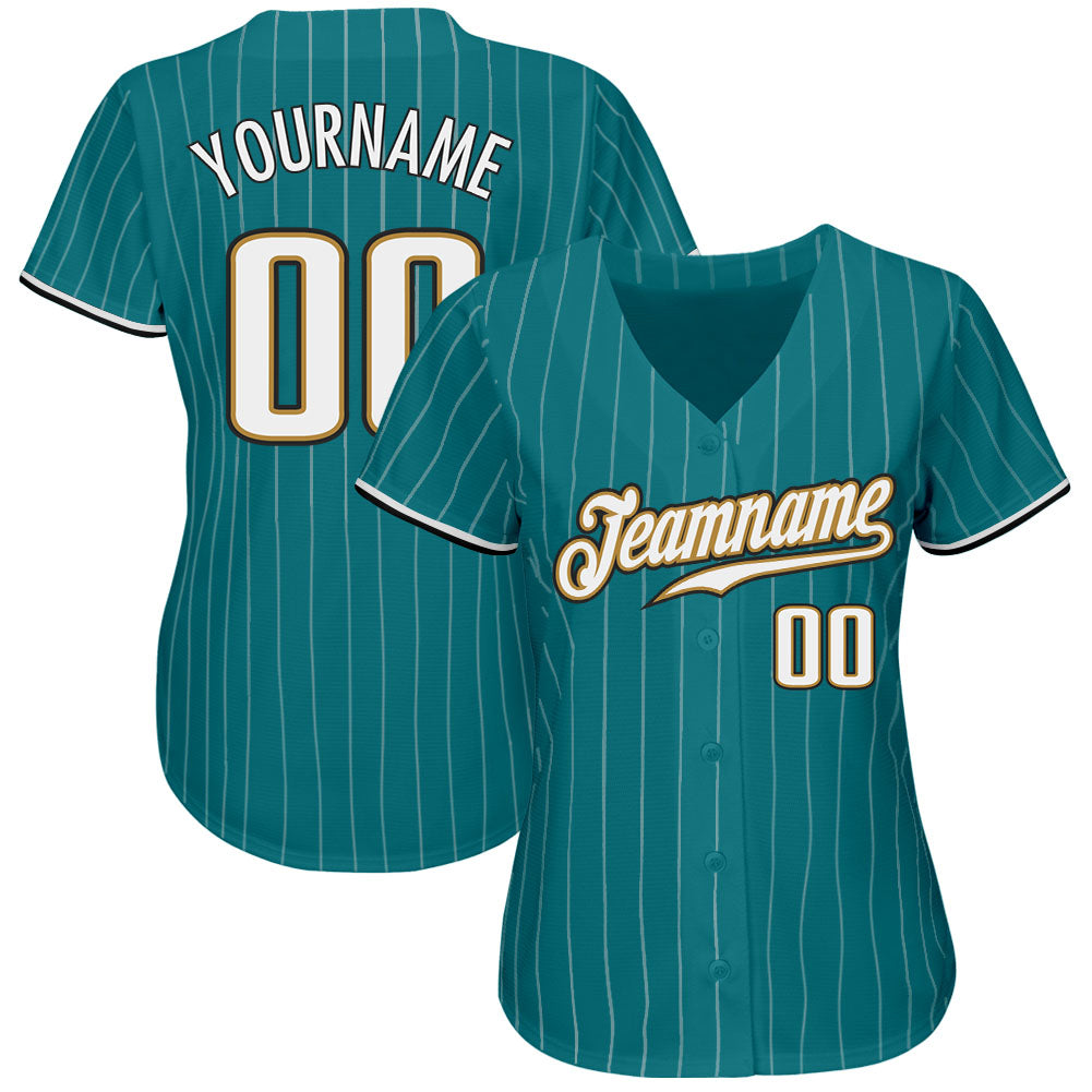 Custom Teal White Pinstripe White-Old Gold Authentic Baseball Jersey view 2