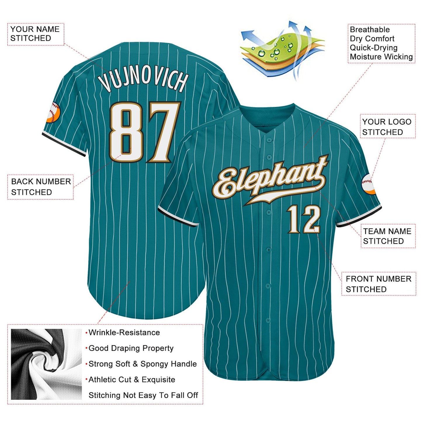 Custom Teal White Pinstripe White-Old Gold Authentic Baseball Jersey view 3