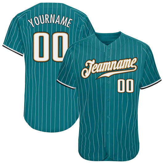 Custom Teal White Pinstripe White-Old Gold Authentic Baseball Jersey - Main View