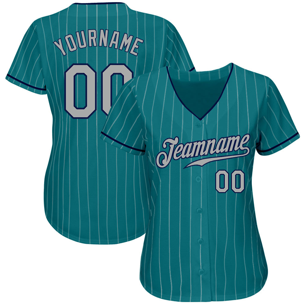 Custom Teal White Pinstripe Gray-Navy Authentic Baseball Jersey view 2