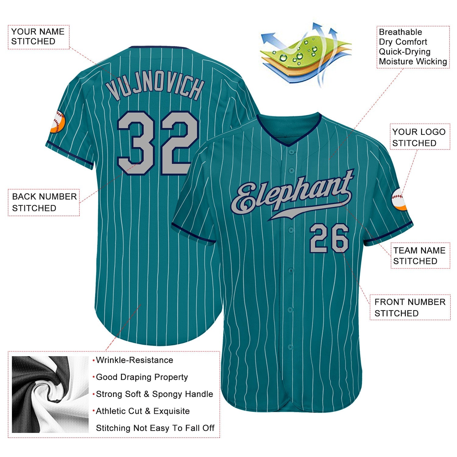 Custom Teal White Pinstripe Gray-Navy Authentic Baseball Jersey view 3