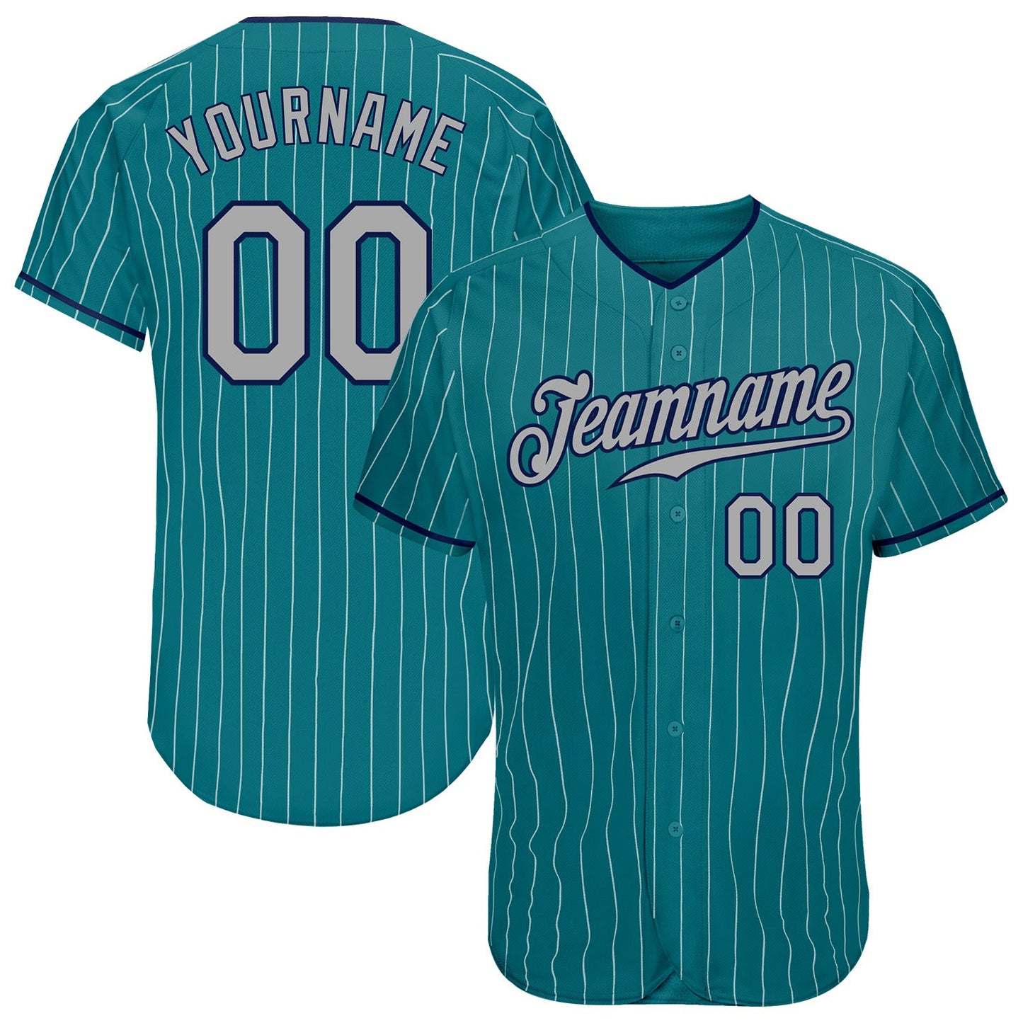 Custom Teal White Pinstripe Gray-Navy Authentic Baseball Jersey - Main View