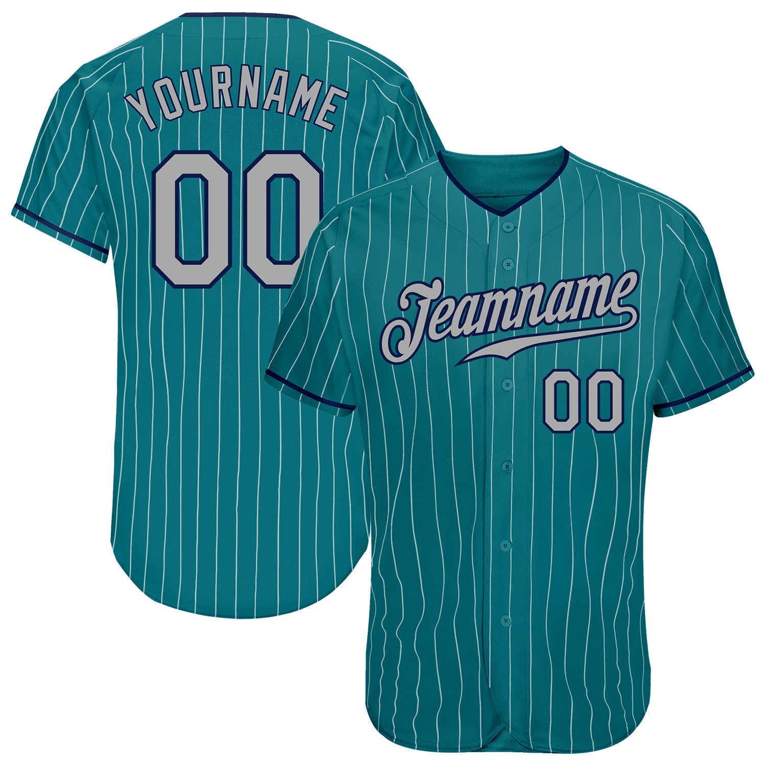 Custom Teal White Pinstripe Gray-Navy Authentic Baseball Jersey - Main View