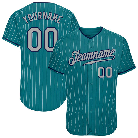 Custom Teal White Pinstripe Gray-Navy Authentic Baseball Jersey - Main View