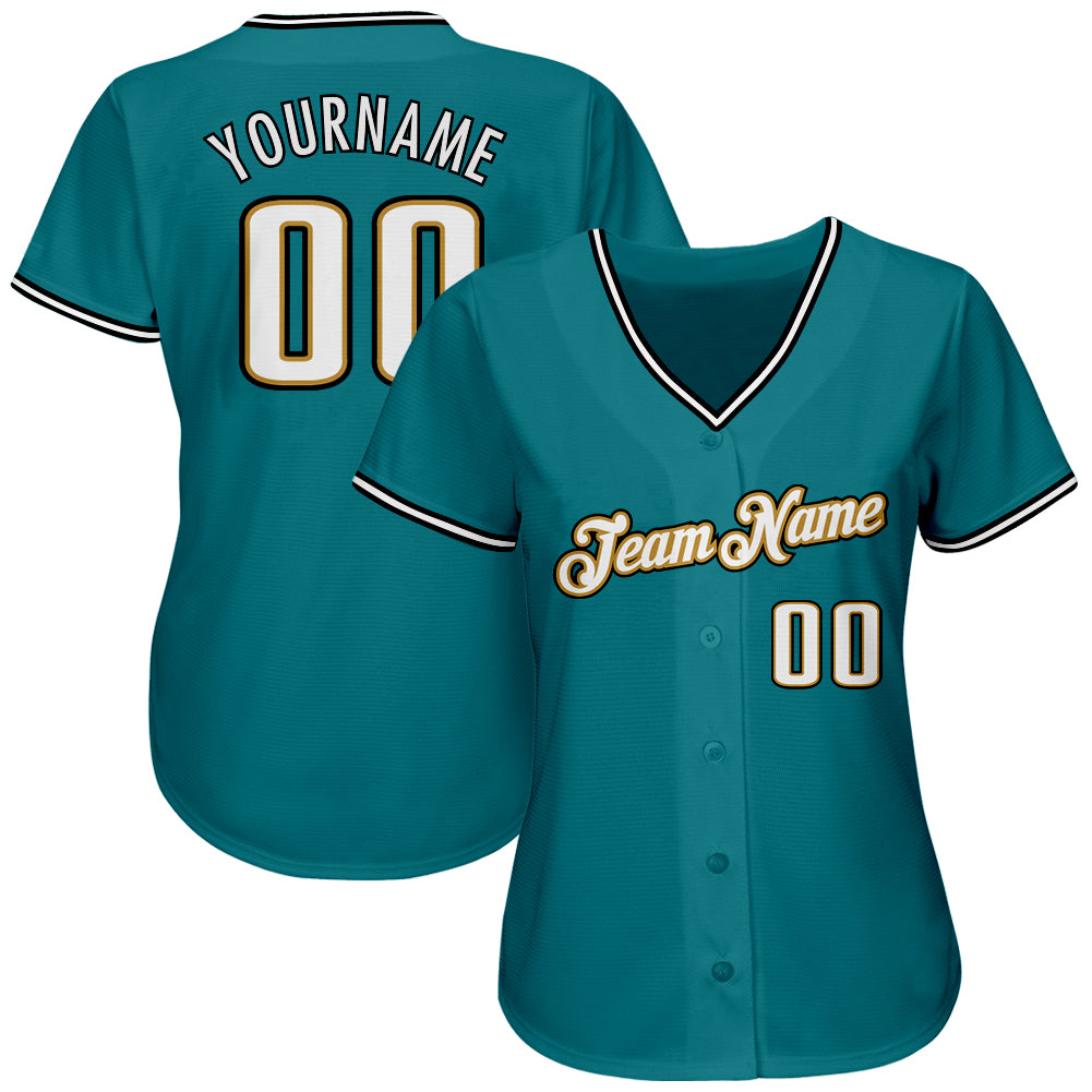 Custom Teal White-Old Gold Authentic Baseball Jersey view 2