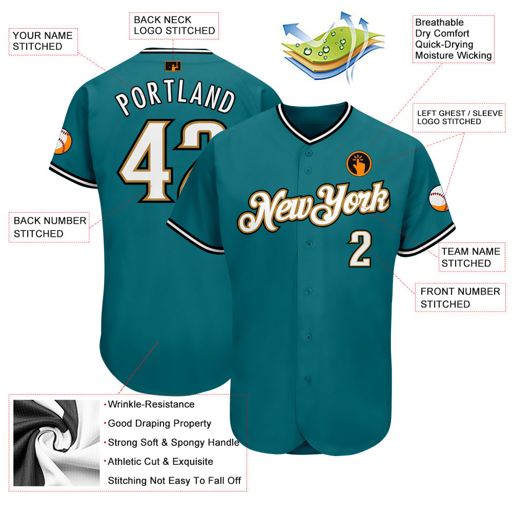Custom Teal White-Old Gold Authentic Baseball Jersey view 3