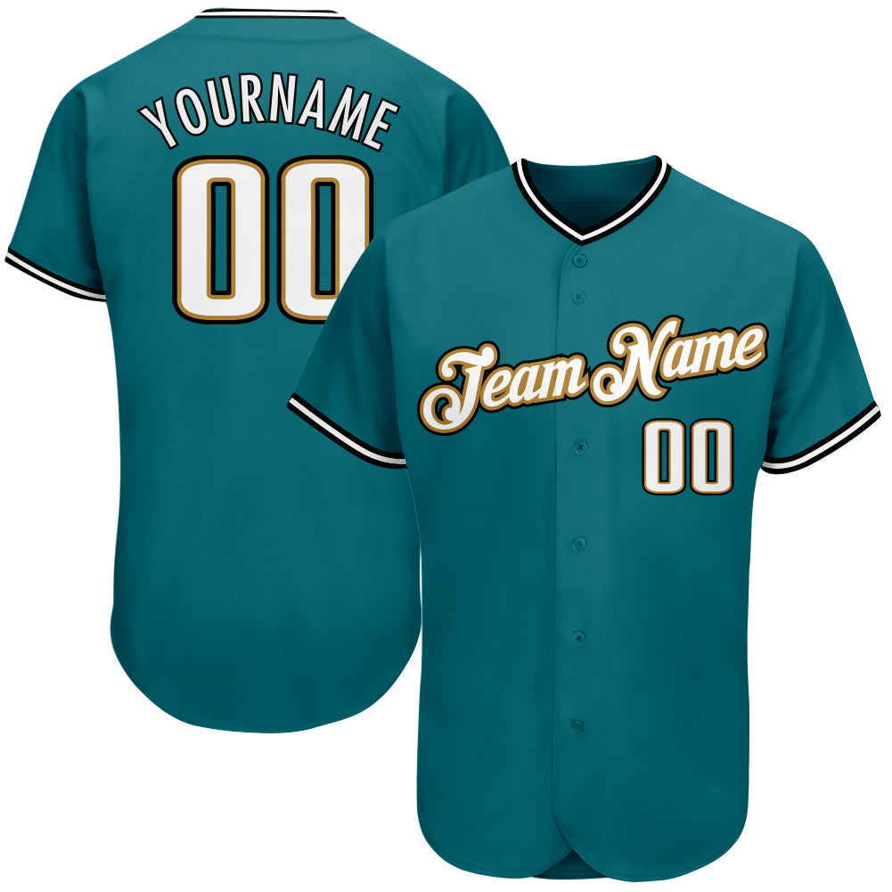 Custom Teal White-Old Gold Authentic Baseball Jersey - Main View