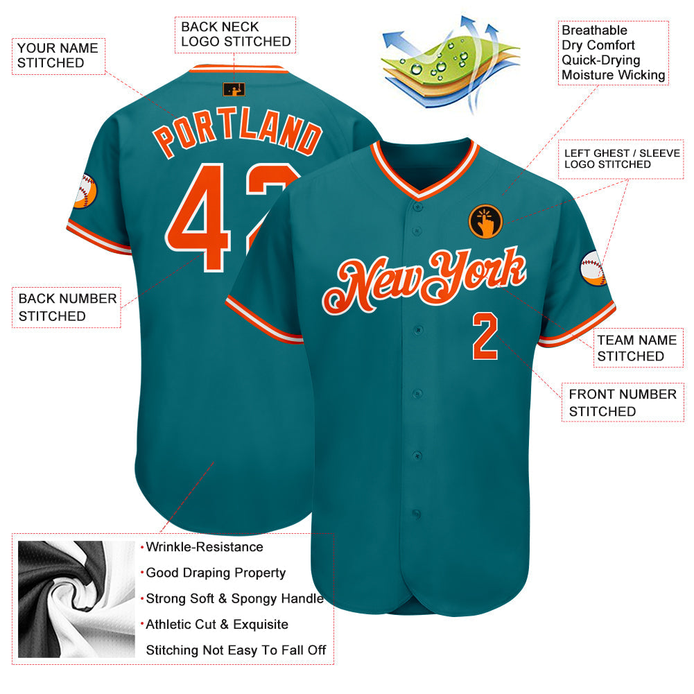 Custom Teal Orange-White Authentic Baseball Jersey view 3