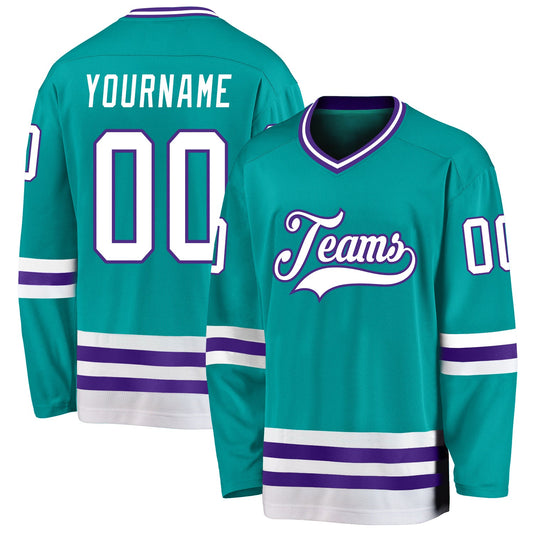 Custom Aqua White-Purple Hockey Jersey - Main View