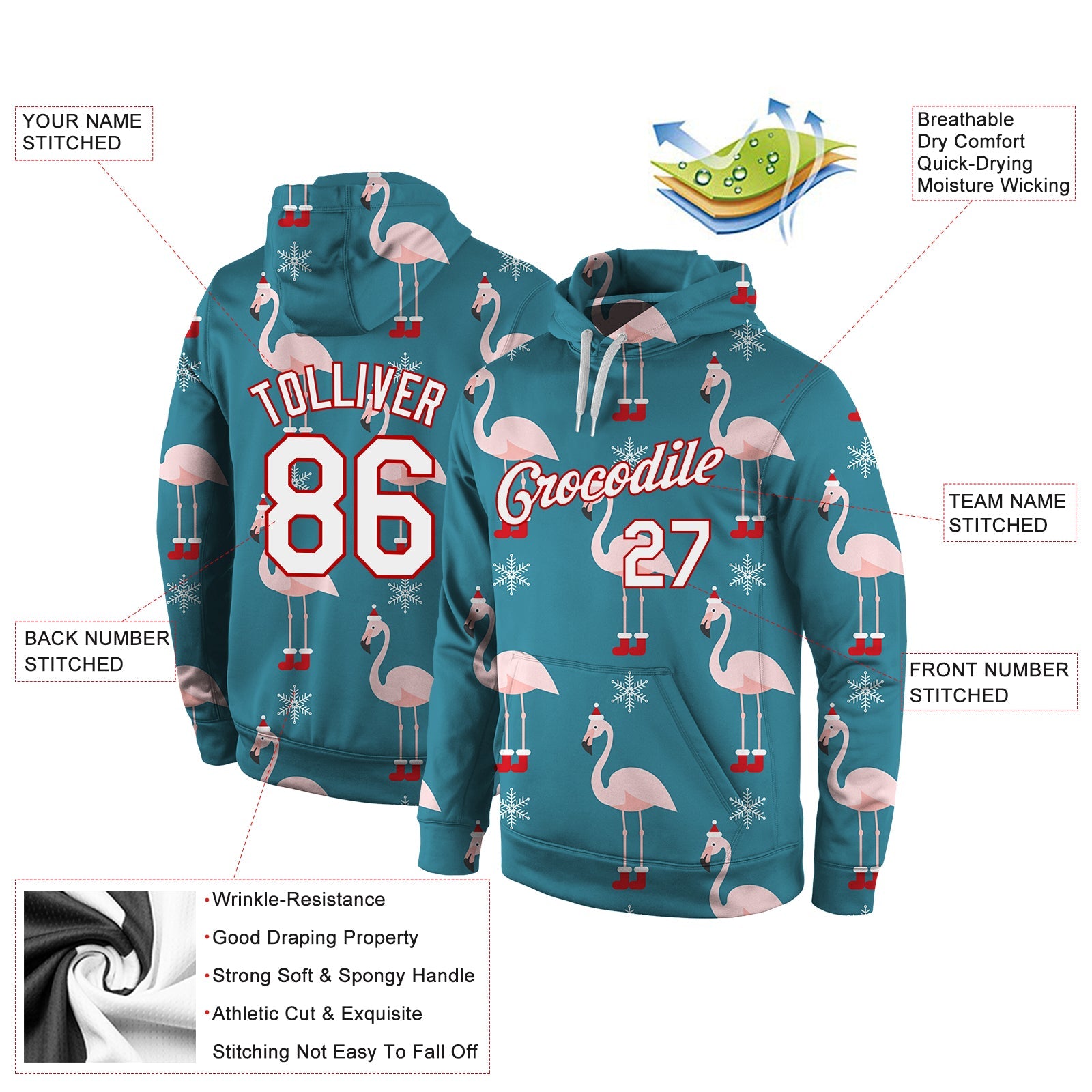 Custom Stitched Aqua White-Red Christmas 3D Sports Pullover Sweatshirt Hoodie view 4