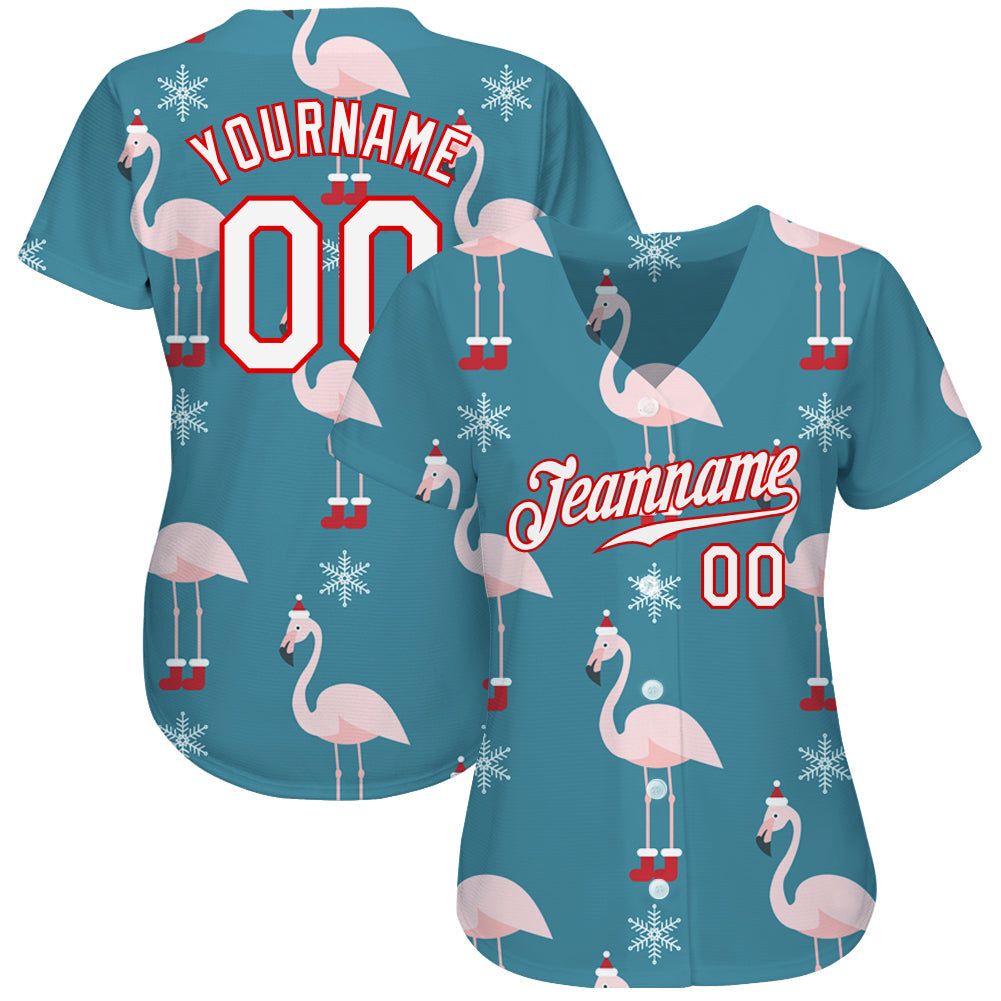 Custom Teal White-Red Christmas 3D Authentic Baseball Jersey view 2