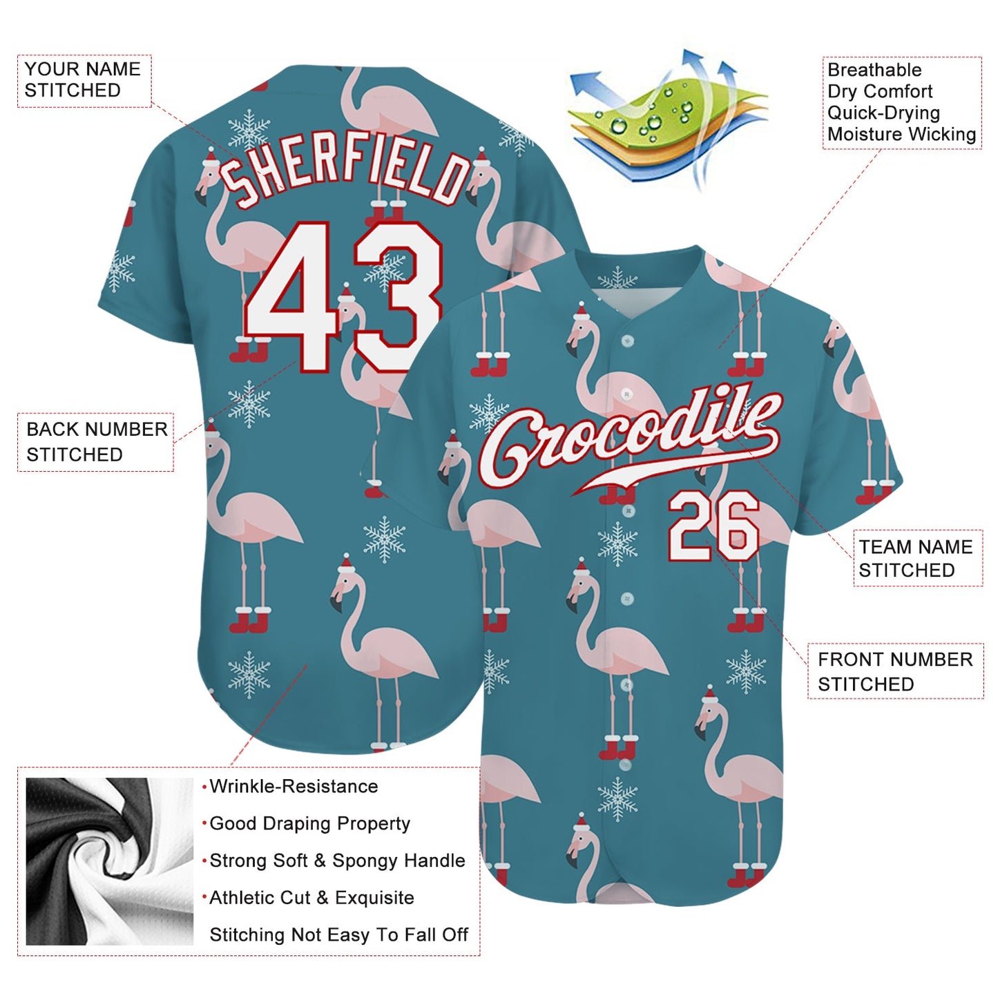 Custom Teal White-Red Christmas 3D Authentic Baseball Jersey view 3