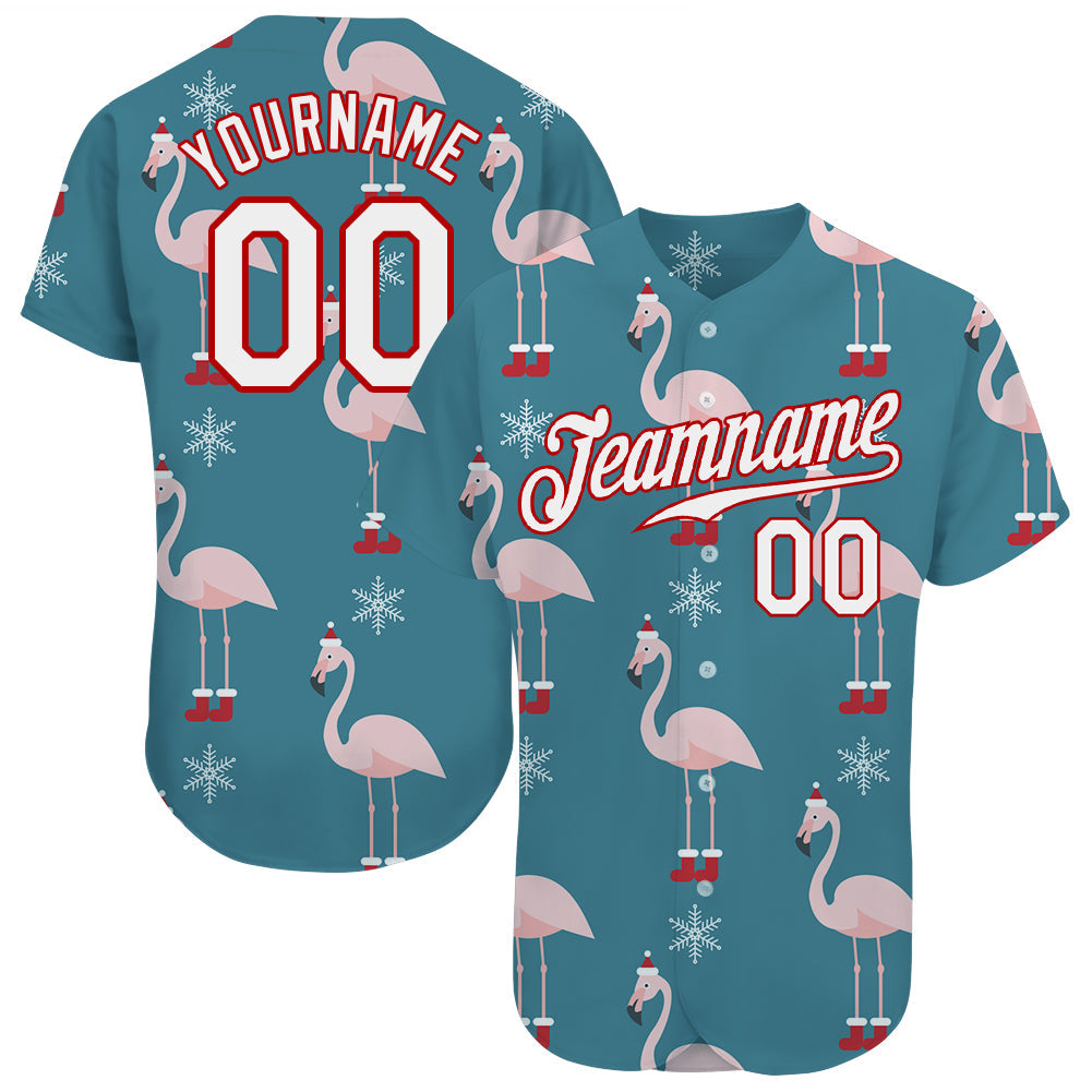 Custom Teal White-Red Christmas 3D Authentic Baseball Jersey - Main View