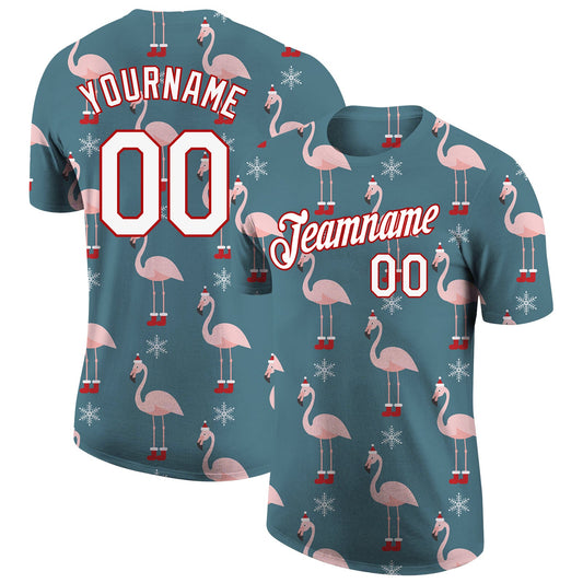 Custom Aqua White-Red Christmas 3D Performance T-Shirt - Main View