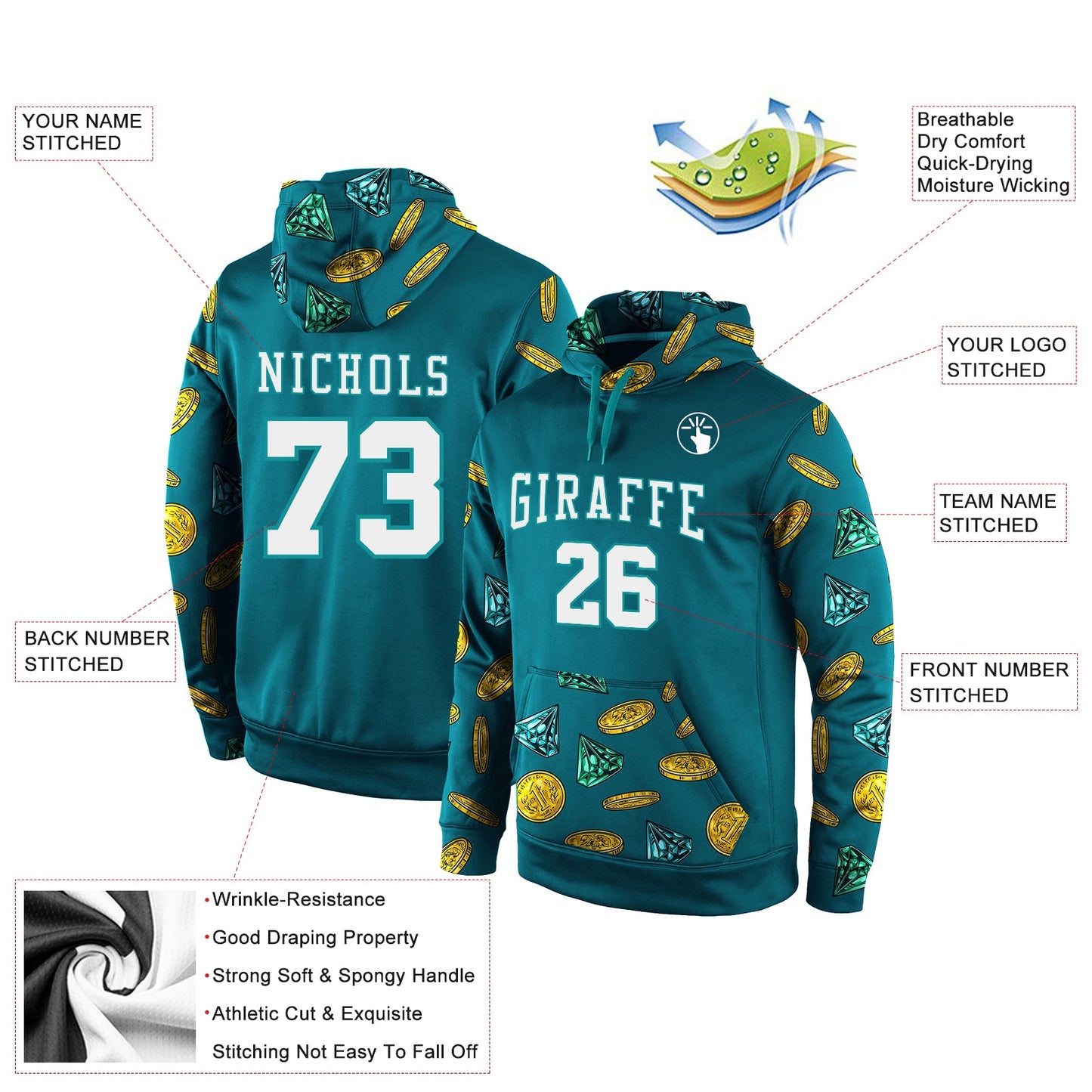 Custom Stitched Aqua White-Aqua 3D Pattern Design Sports Pullover Sweatshirt Hoodie view 2