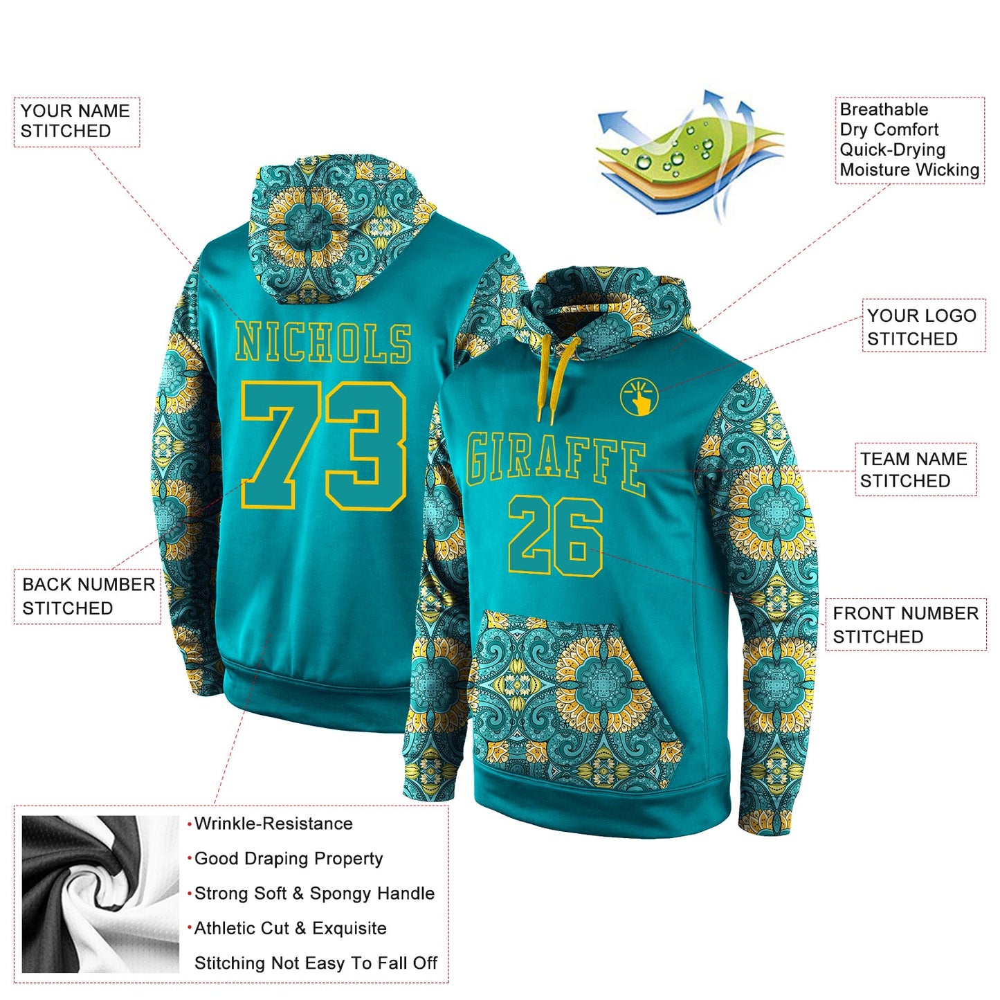 Custom Stitched Aqua Aqua-Gold 3D Pattern Design Sports Pullover Sweatshirt Hoodie view 2