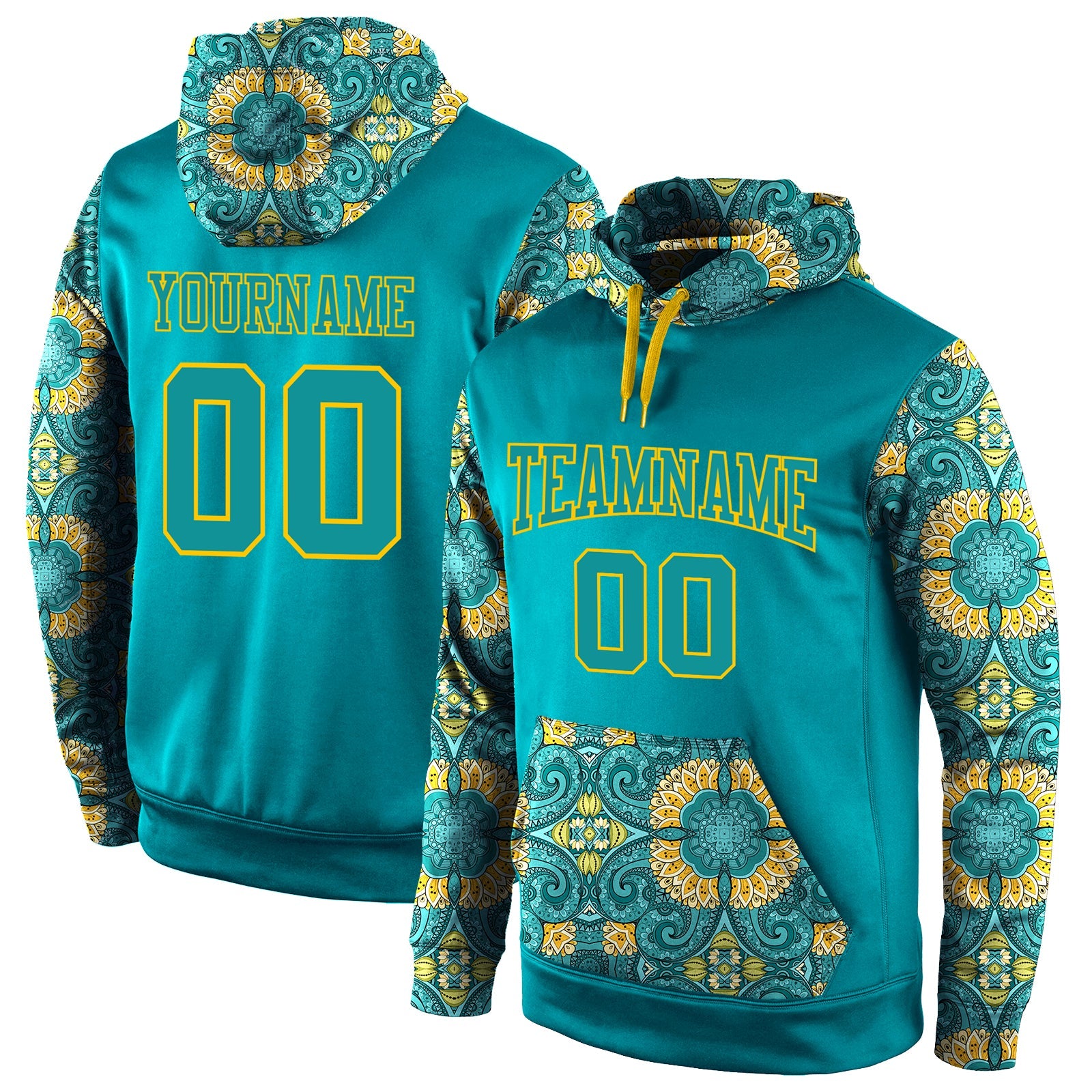 Custom Stitched Aqua Aqua-Gold 3D Pattern Design Sports Pullover Sweatshirt Hoodie - Main View
