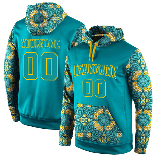 Custom Stitched Aqua Aqua-Gold 3D Pattern Design Sports Pullover Sweatshirt Hoodie - Main View