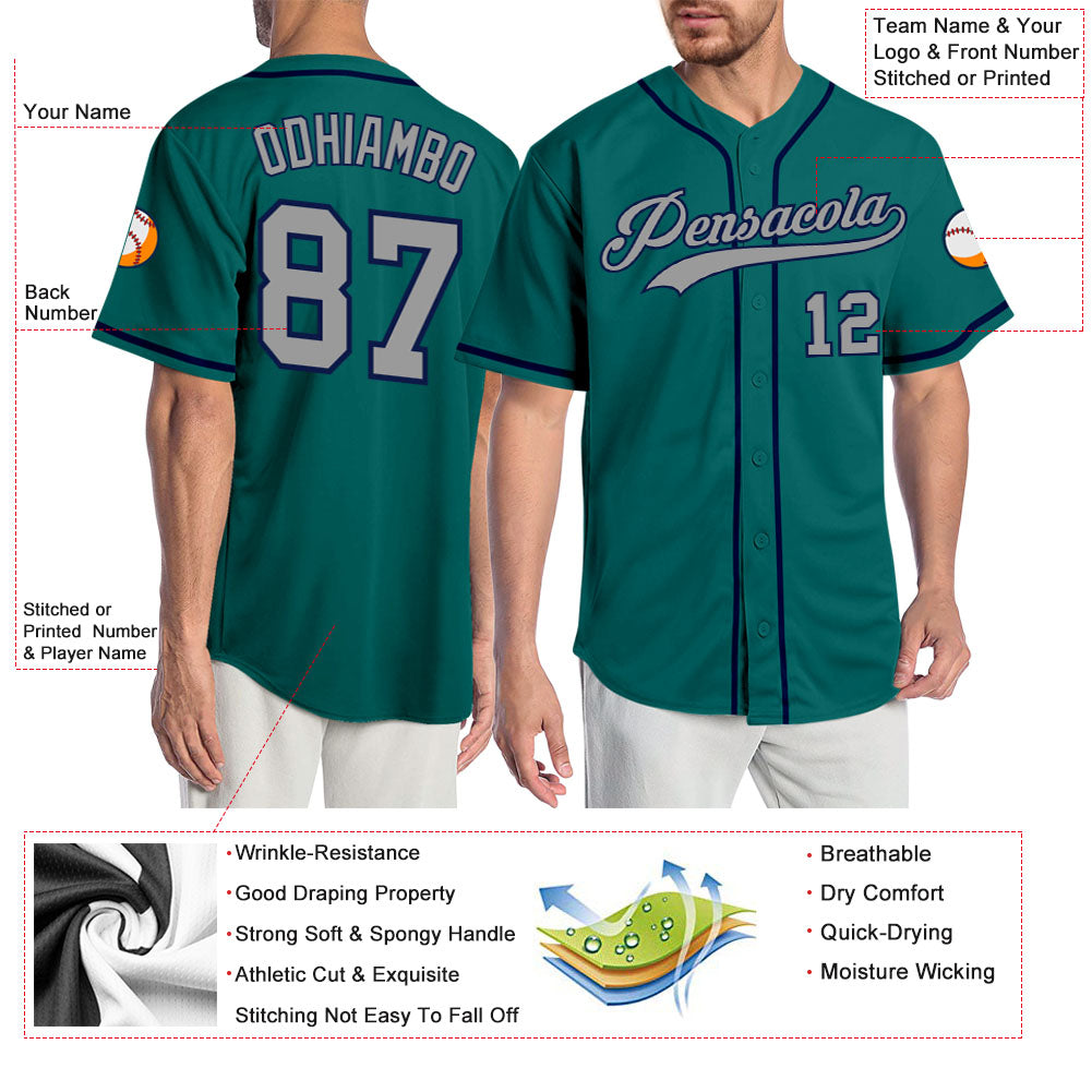 Custom Teal Gray-Navy Authentic Baseball Jersey view 3