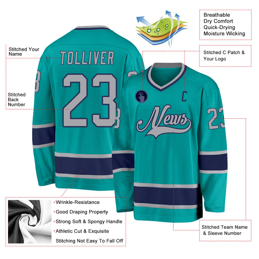 Custom Aqua Gray-Navy Hockey Jersey view 2