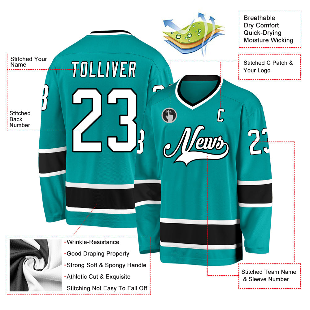 Custom Aqua White-Black Hockey Jersey view 2