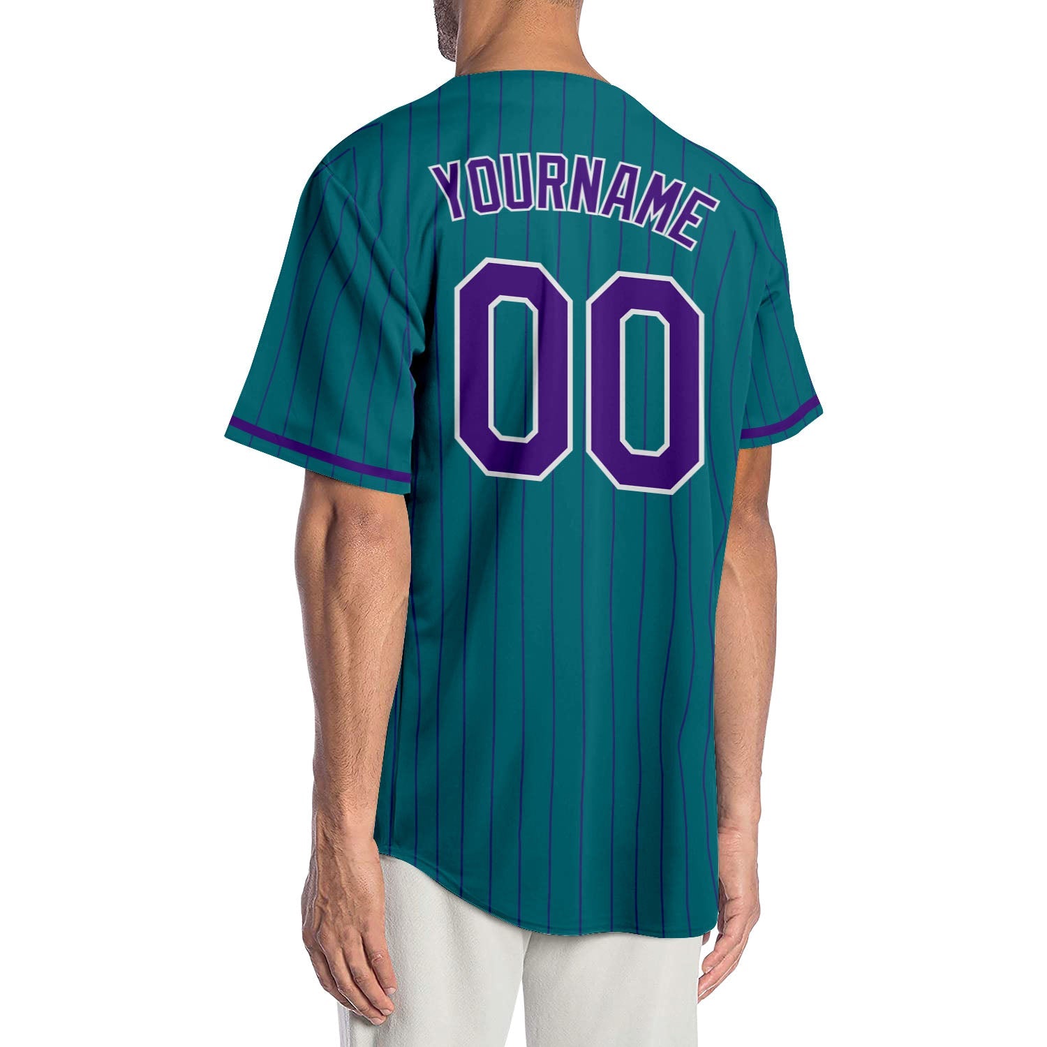 Custom Teal Purple Pinstripe Purple-White Authentic Baseball Jersey view 2
