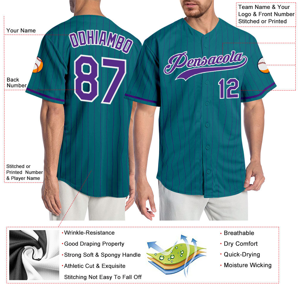 Custom Teal Purple Pinstripe Purple-White Authentic Baseball Jersey view 3