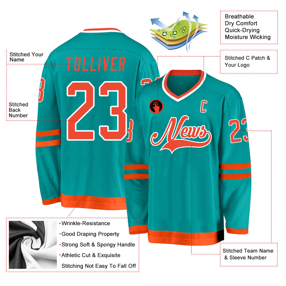 Custom Aqua Orange-White Hockey Jersey view 2