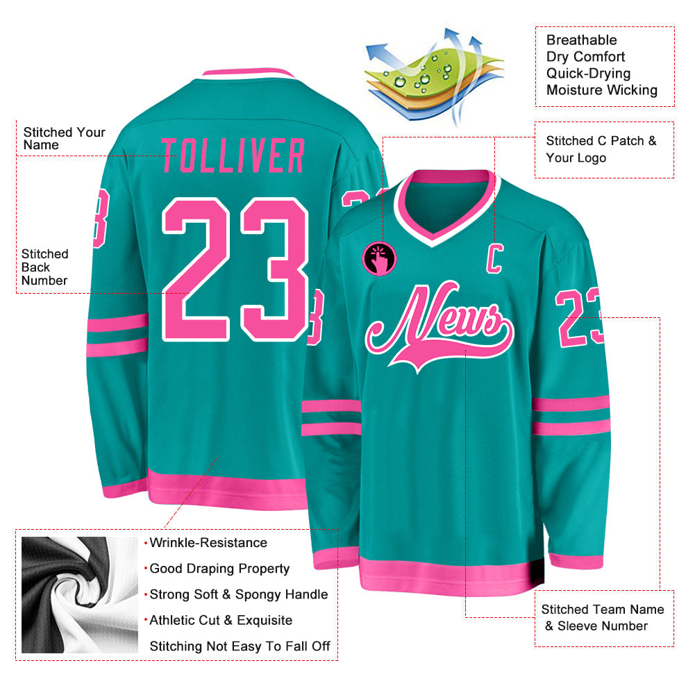 Custom Aqua Pink-White Hockey Jersey view 2