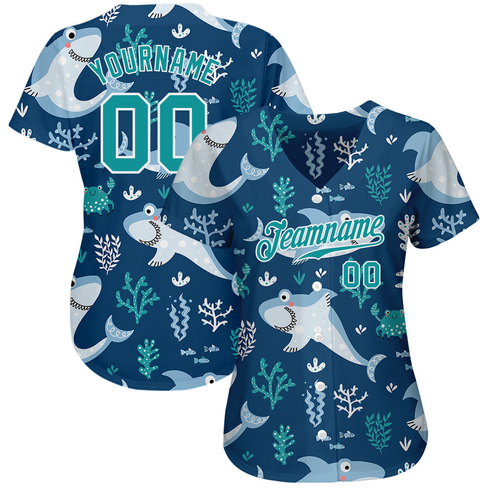 Custom Teal Teal-White 3D Pattern Design Sharks Authentic Baseball Jersey view 2