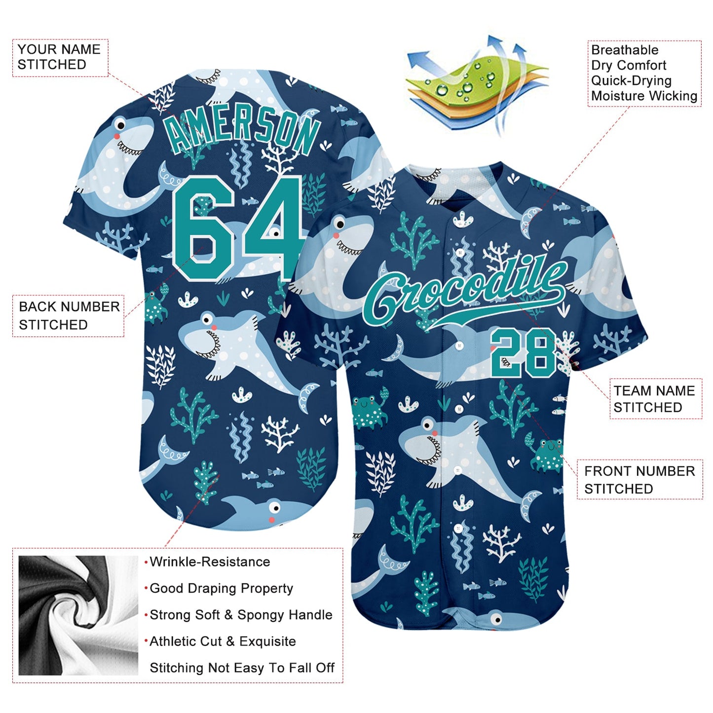 Custom Teal Teal-White 3D Pattern Design Sharks Authentic Baseball Jersey view 3
